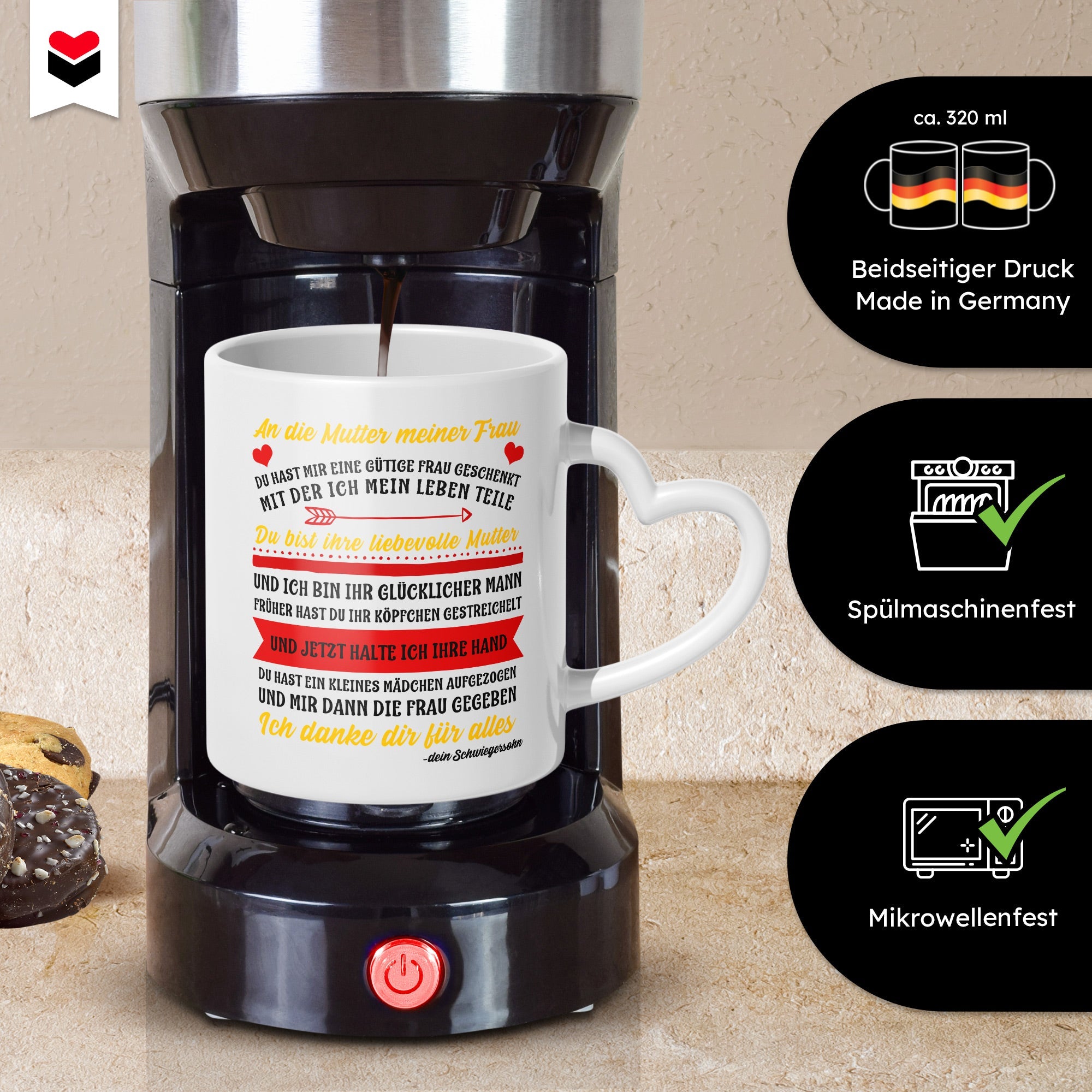 22Feels® Schwiegermutter Geschenk von Schwiegersohn bzw. Bräutigam - Tasse mit Spruch: An die Mutter meiner Frau (Herzhenkel, Weiss, 320ml)-Tasse Weiss Herzhenkel 320ml-22Feels