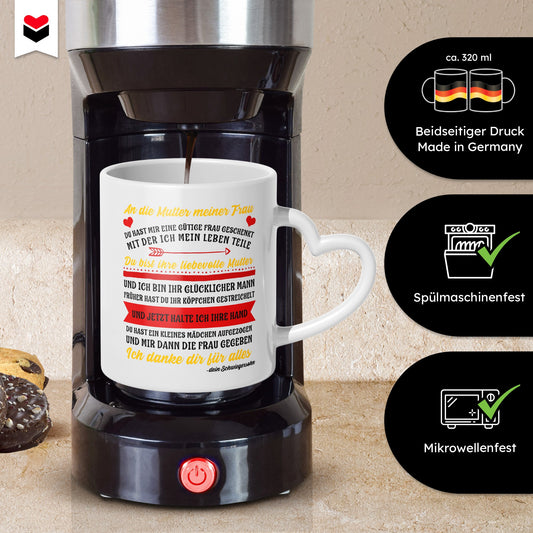 22Feels® Schwiegermutter Geschenk von Schwiegersohn bzw. Bräutigam - Tasse mit Spruch: An die Mutter meiner Frau (Herzhenkel, Weiss, 320ml)-Tasse Weiss Herzhenkel 320ml-22Feels