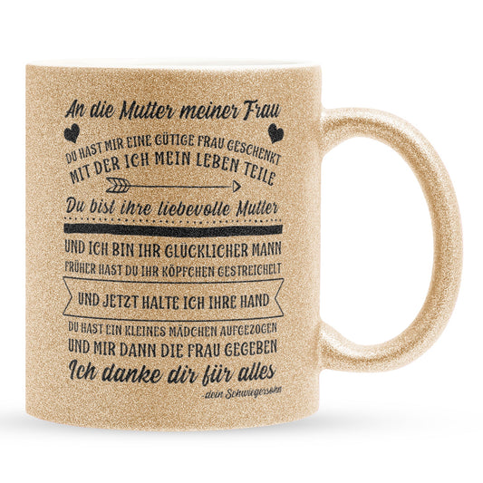 22Feels® Schwiegermutter Geschenk von Schwiegersohn bzw. Bräutigam - Glitzertasse mit Spruch (Gold, 320ml)-Glitzertasse Gold 320ml-22Feels