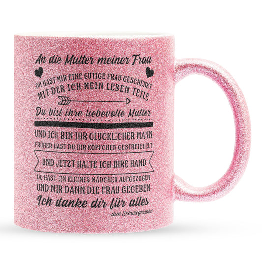 22Feels® Schwiegermutter Geschenk von Schwiegersohn bzw. Bräutigam - Glitzertasse mit Spruch (Pink, 320ml)-Glitzertasse Pink 320ml-22Feels