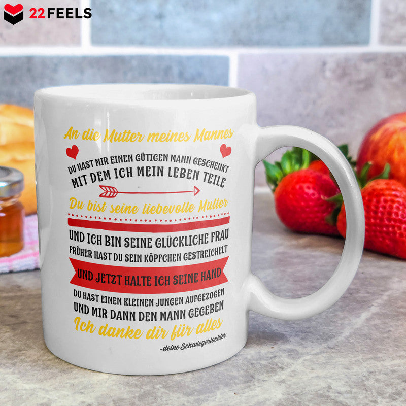 22Feels® Geschenk für Schwiegermutter von Schwiegertochter - Tasse mit Spruch: Du Hast Mir Einen Gütigen Mann Geschenkt (Weiss, 320ml)-Weisse Tasse 320ml-22Feels