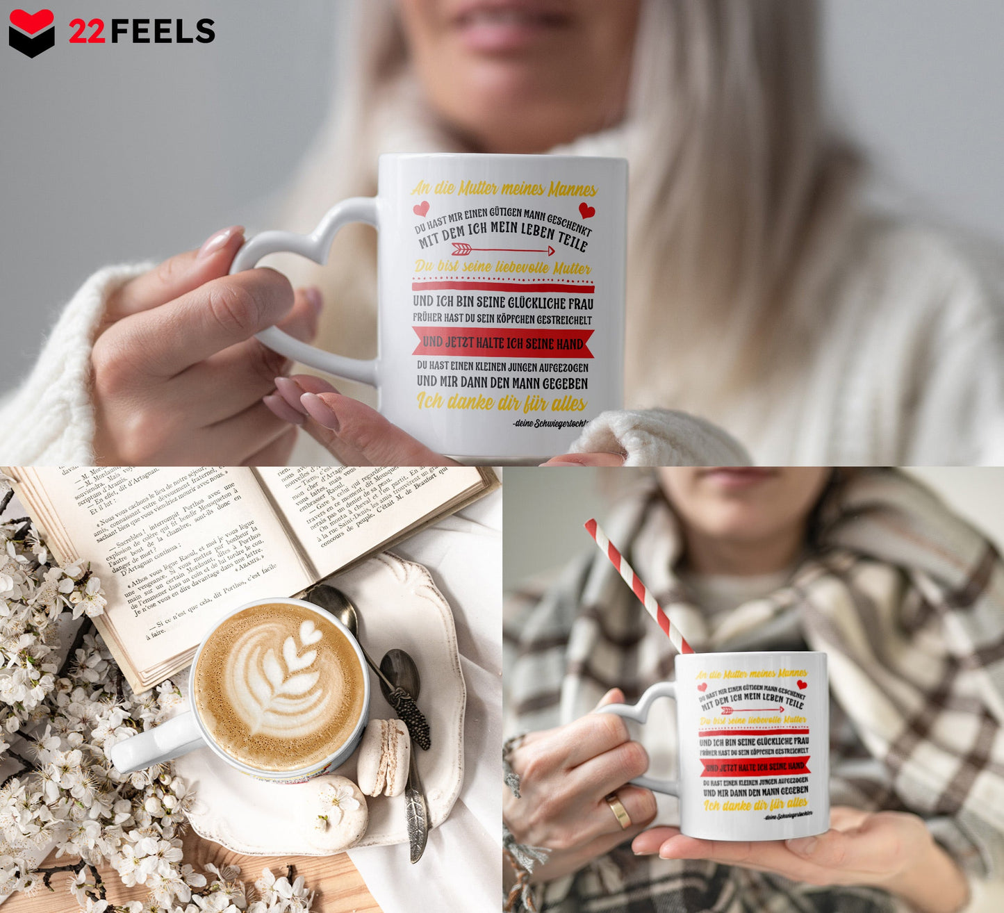 22Feels® Schwiegermutter Geschenk von Schwiegertochter bzw. Braut - Tasse mit Spruch: An die Mutter meines Mannes (Herzhenkel, Weiss, 320ml)-Tasse Weiss Herzhenkel 320ml-22Feels