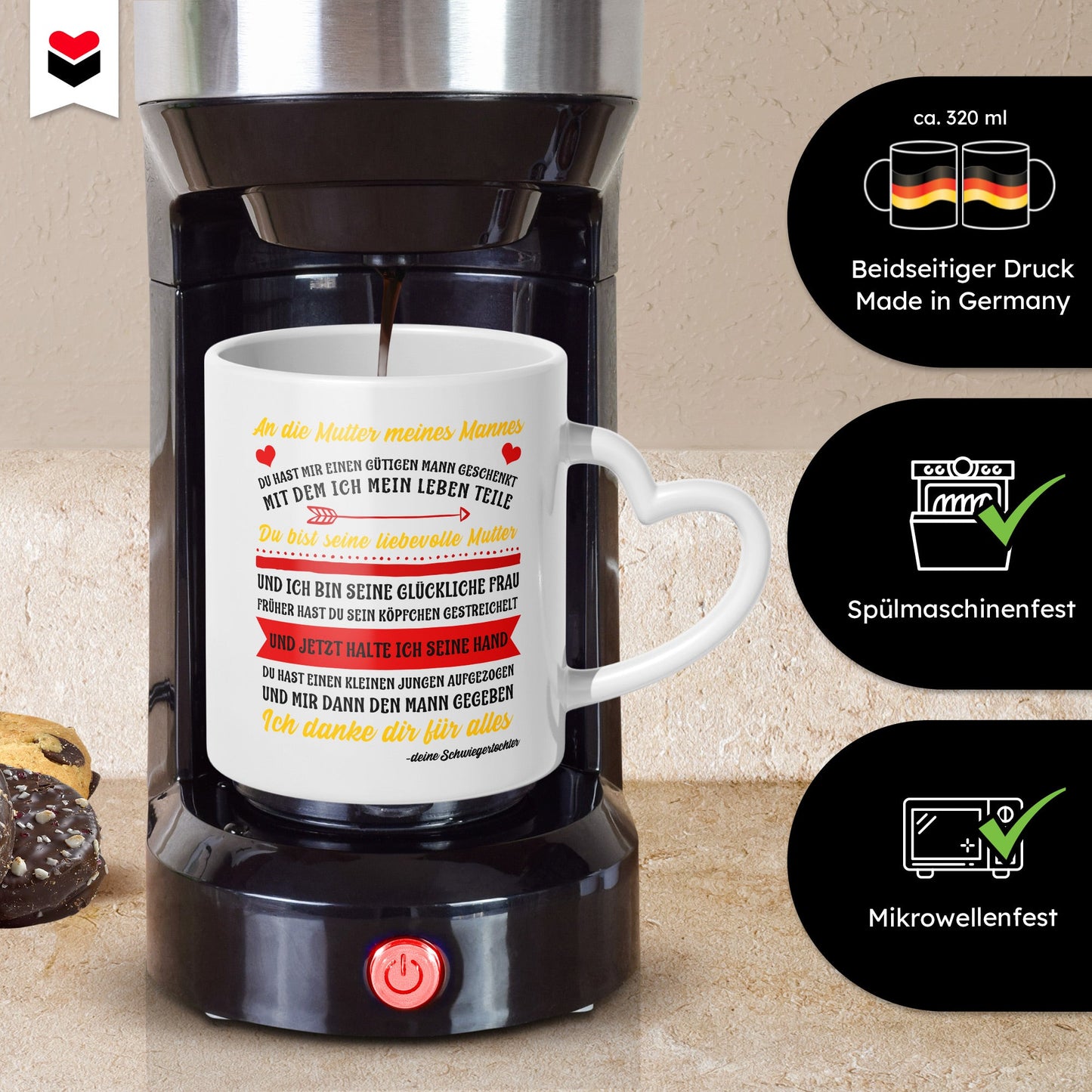 22Feels® Schwiegermutter Geschenk von Schwiegertochter bzw. Braut - Tasse mit Spruch: An die Mutter meines Mannes (Herzhenkel, Weiss, 320ml)-Tasse Weiss Herzhenkel 320ml-22Feels