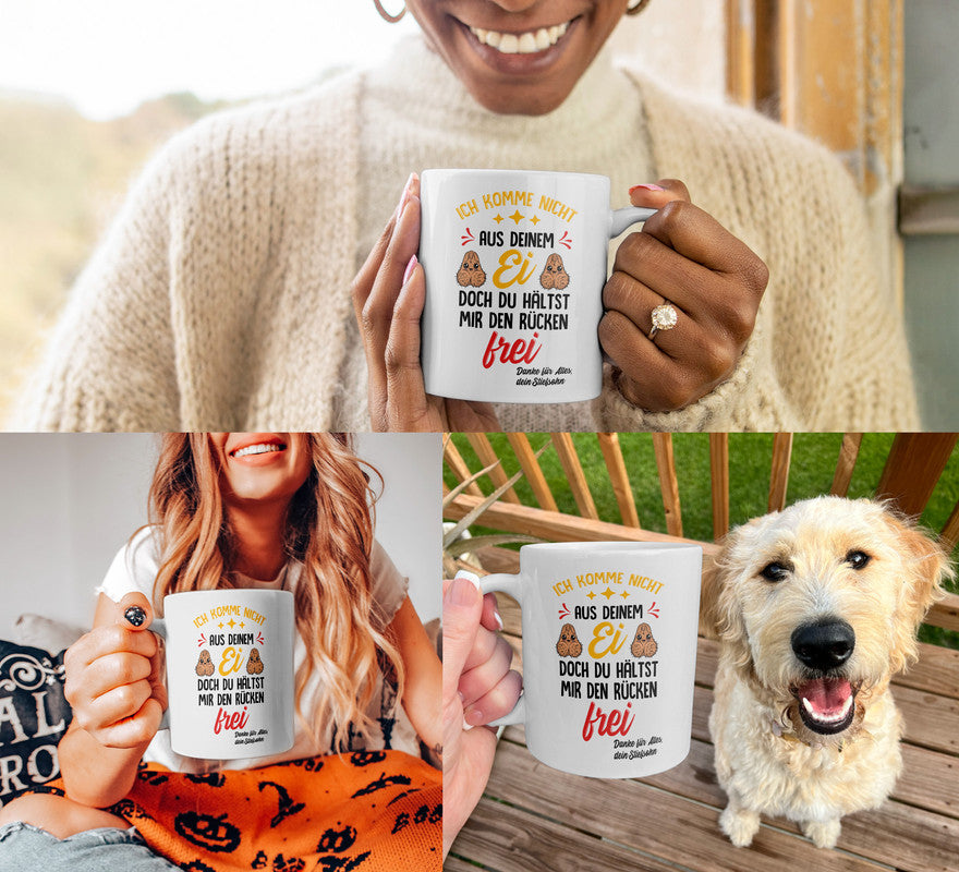 22Feels® Geschenk für Stiefvater von Stiefsohn - Tasse mit Spruch: Du Hältst Mir Den Rücken Frei (Weiss, 320ml)-Weisse Tasse 320ml-22Feels
