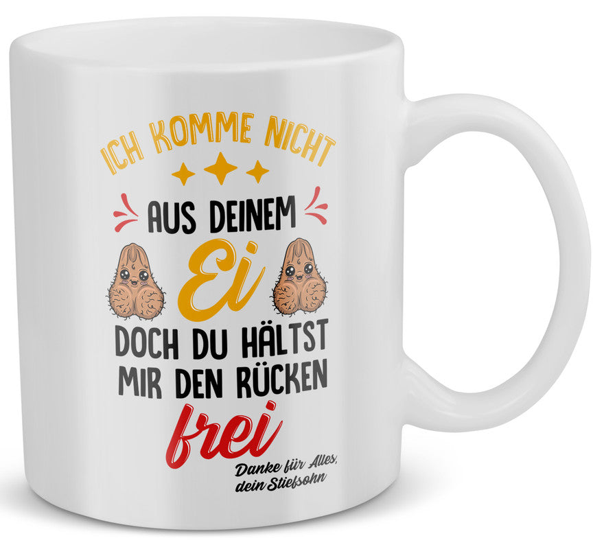 22Feels® Geschenk für Stiefvater von Stiefsohn - Tasse mit Spruch: Du Hältst Mir Den Rücken Frei (Weiss, 320ml)-Weisse Tasse 320ml-22Feels