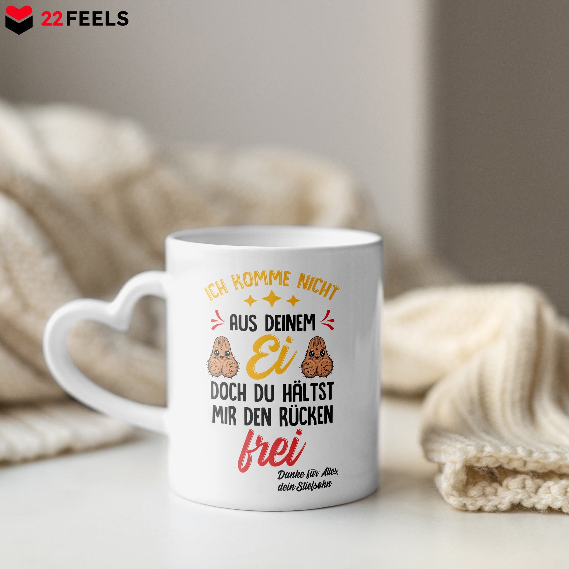 22Feels® Stiefvater Geschenk von Stiefsohn - Tasse mit Spruch: Nicht Aus Deinem Ei (Herzhenkel, Weiss, 320ml)-Tasse Weiss Herzhenkel 320ml-22Feels