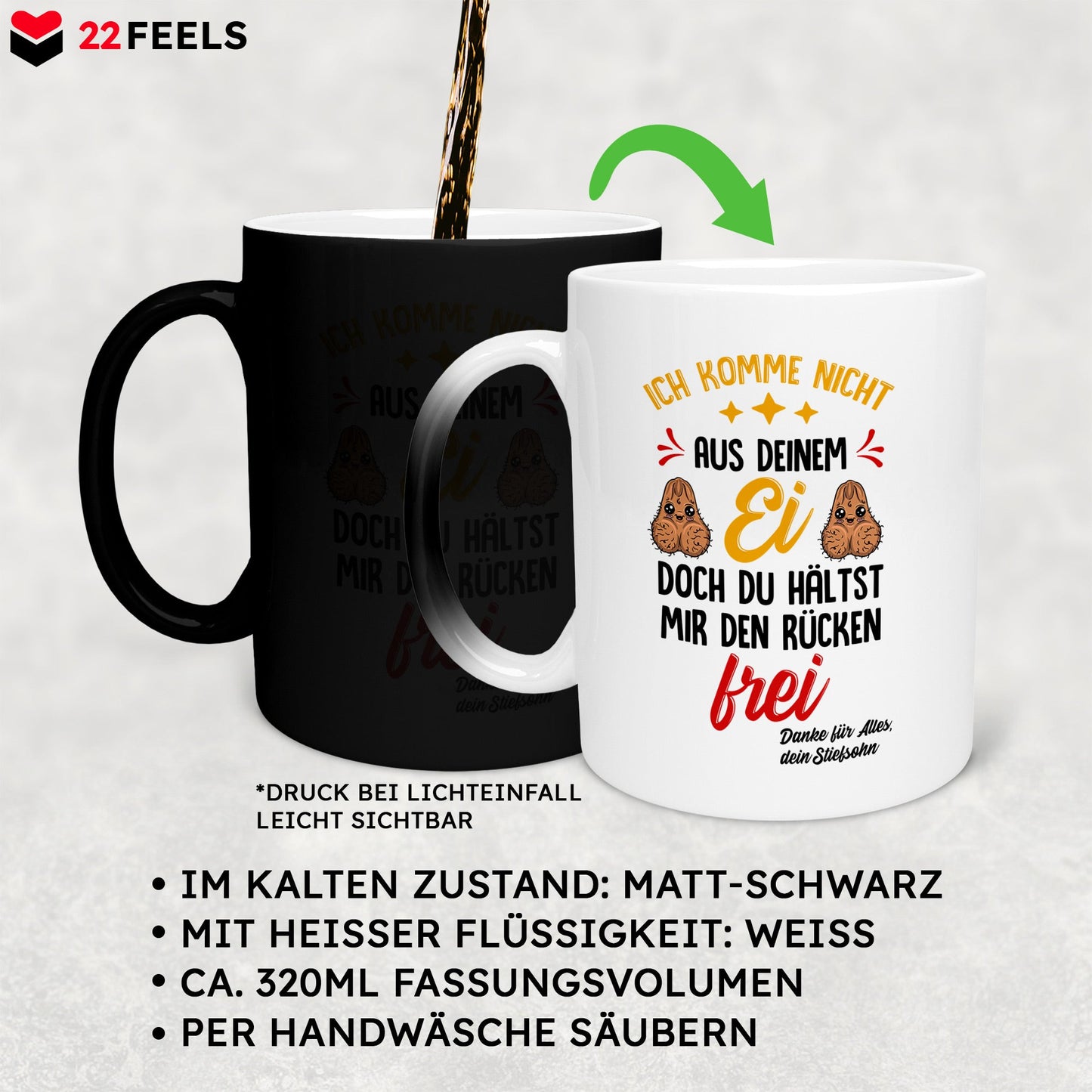 22Feels® Stiefvater Geschenk von Stiefsohn - Zaubertasse mit Spruch (Matt-Schwarz und Weiss, 320ml)-Farbwechsel Tasse Matt 320ml-22Feels