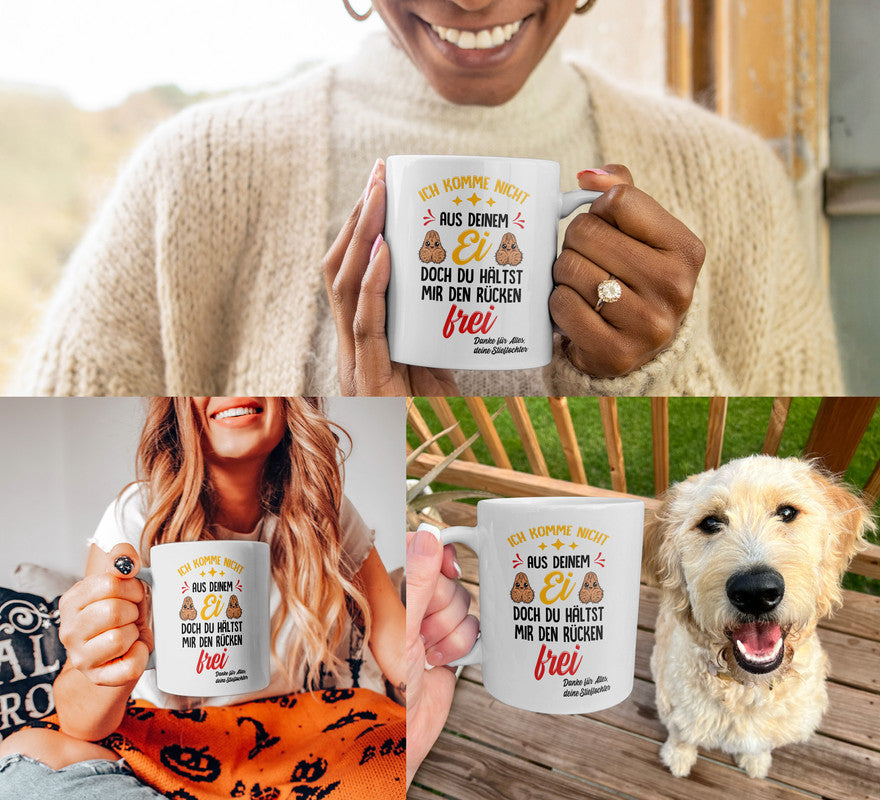 22Feels® Geschenk für Stiefvater von Stieftochter - Tasse mit Spruch: Du Hältst Mir Den Rücken Frei (Weiss, 320ml)-Weisse Tasse 320ml-22Feels