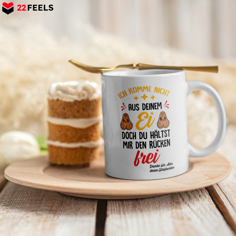 22Feels® Geschenk für Stiefvater von Stieftochter - Tasse mit Spruch: Du Hältst Mir Den Rücken Frei (Weiss, 320ml)-Weisse Tasse 320ml-22Feels