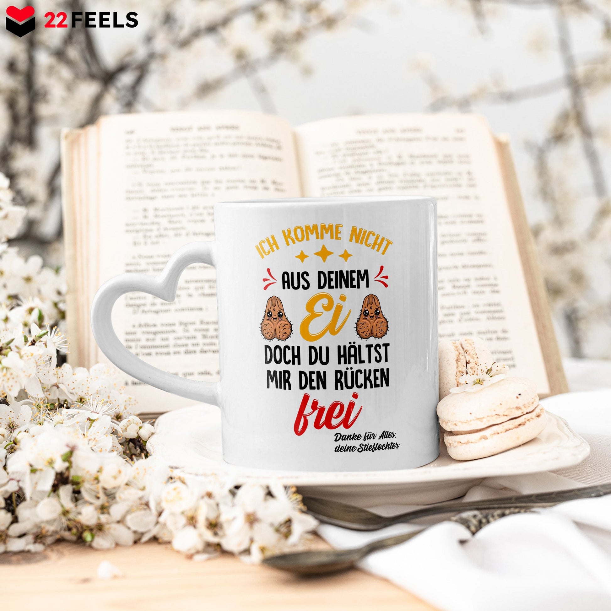 22Feels® Stiefvater Geschenk von Stieftochter - Tasse mit Spruch: Nicht aus deinem Ei (Herzhenkel, Weiss, 320ml)-Tasse Weiss Herzhenkel 320ml-22Feels