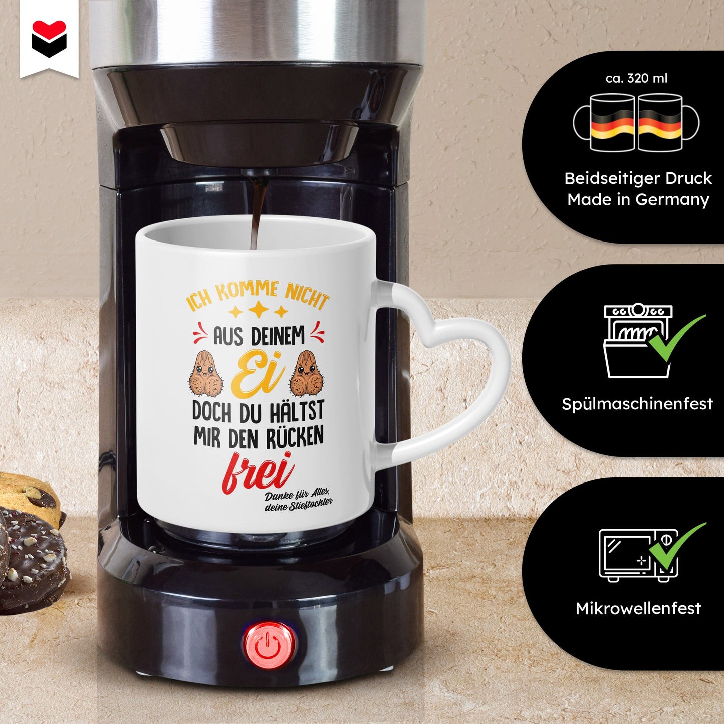 22Feels® Stiefvater Geschenk von Stieftochter - Tasse mit Spruch: Nicht aus deinem Ei (Herzhenkel, Weiss, 320ml)-Tasse Weiss Herzhenkel 320ml-22Feels