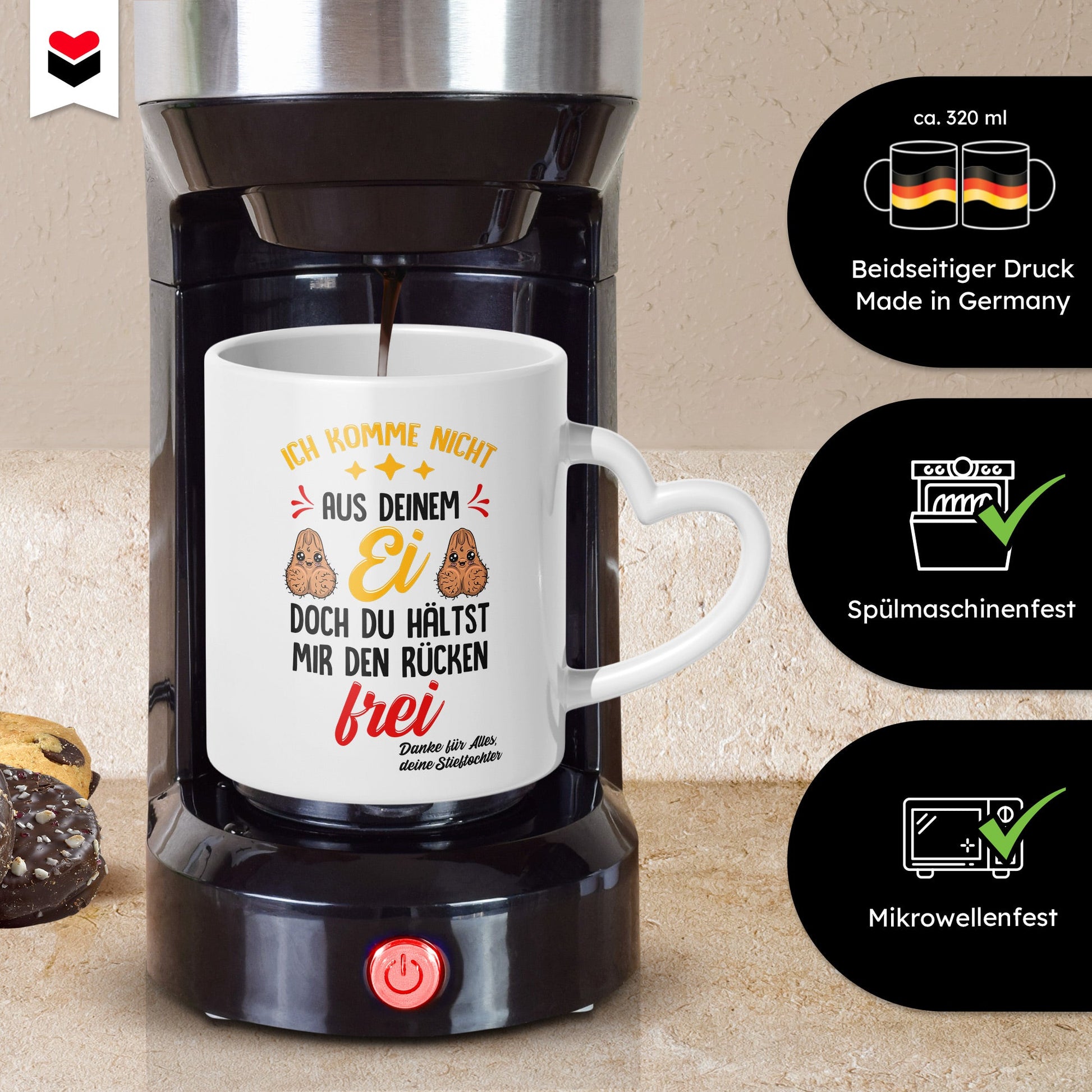 22Feels® Stiefvater Geschenk von Stieftochter - Tasse mit Spruch: Nicht aus deinem Ei (Herzhenkel, Weiss, 320ml)-Tasse Weiss Herzhenkel 320ml-22Feels