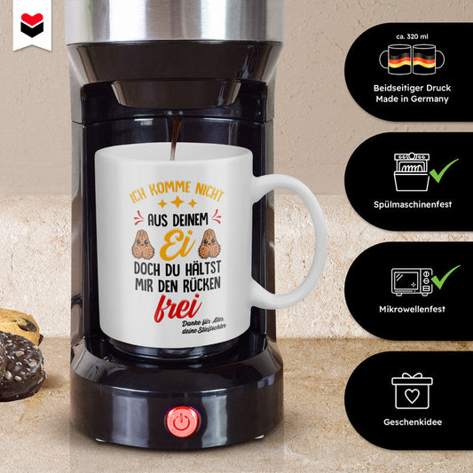 22Feels® Geschenk für Stiefvater von Stieftochter - Tasse mit Spruch: Du Hältst Mir Den Rücken Frei (Weiss, 320ml)-Weisse Tasse 320ml-22Feels