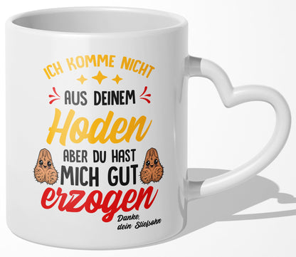 22Feels® Stiefvater Geschenk von Stiefsohn - Tasse mit Spruch: Gut Erzogen (Herzhenkel, Weiss, 320ml)-Tasse Weiss Herzhenkel 320ml-22Feels