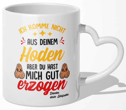 22Feels® Stiefvater Geschenk von Stiefsohn - Tasse mit Spruch: Gut Erzogen (Herzhenkel, Weiss, 320ml)-Tasse Weiss Herzhenkel 320ml-22Feels