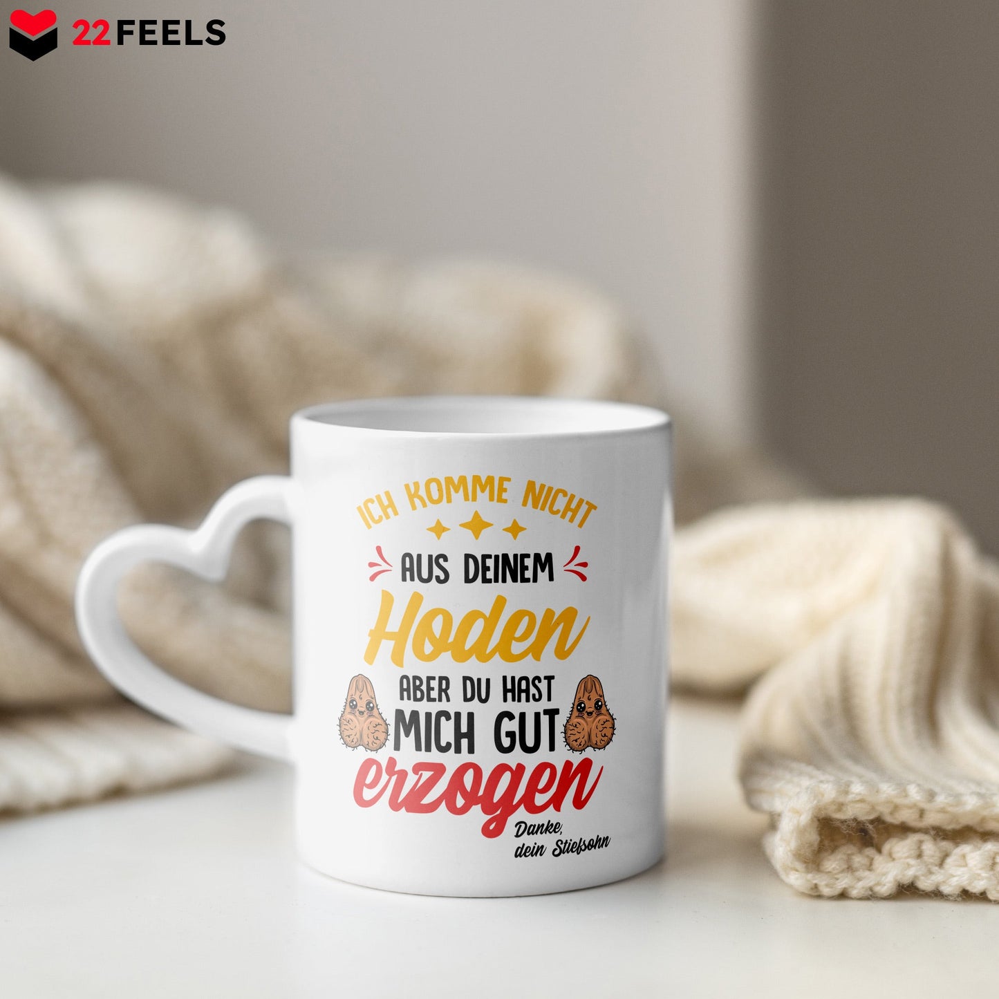 22Feels® Stiefvater Geschenk von Stiefsohn - Tasse mit Spruch: Gut Erzogen (Herzhenkel, Weiss, 320ml)-Tasse Weiss Herzhenkel 320ml-22Feels