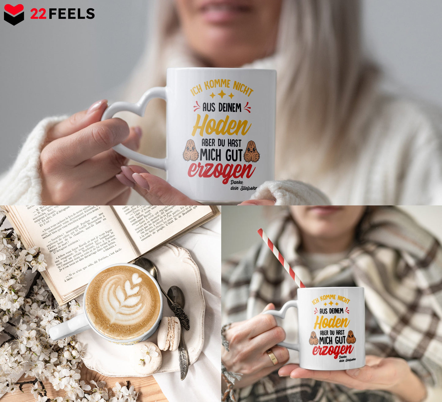 22Feels® Stiefvater Geschenk von Stiefsohn - Tasse mit Spruch: Gut Erzogen (Herzhenkel, Weiss, 320ml)-Tasse Weiss Herzhenkel 320ml-22Feels