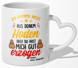 22Feels® Stiefvater Geschenk von Stieftochter - Tasse mit Spruch: Gut Erzogen (Herzhenkel, Weiss, 320ml)-Tasse Weiss Herzhenkel 320ml-22Feels