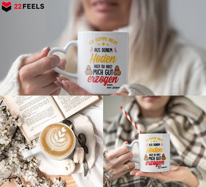 22Feels® Stiefvater Geschenk von Stieftochter - Tasse mit Spruch: Gut Erzogen (Herzhenkel, Weiss, 320ml)-Tasse Weiss Herzhenkel 320ml-22Feels