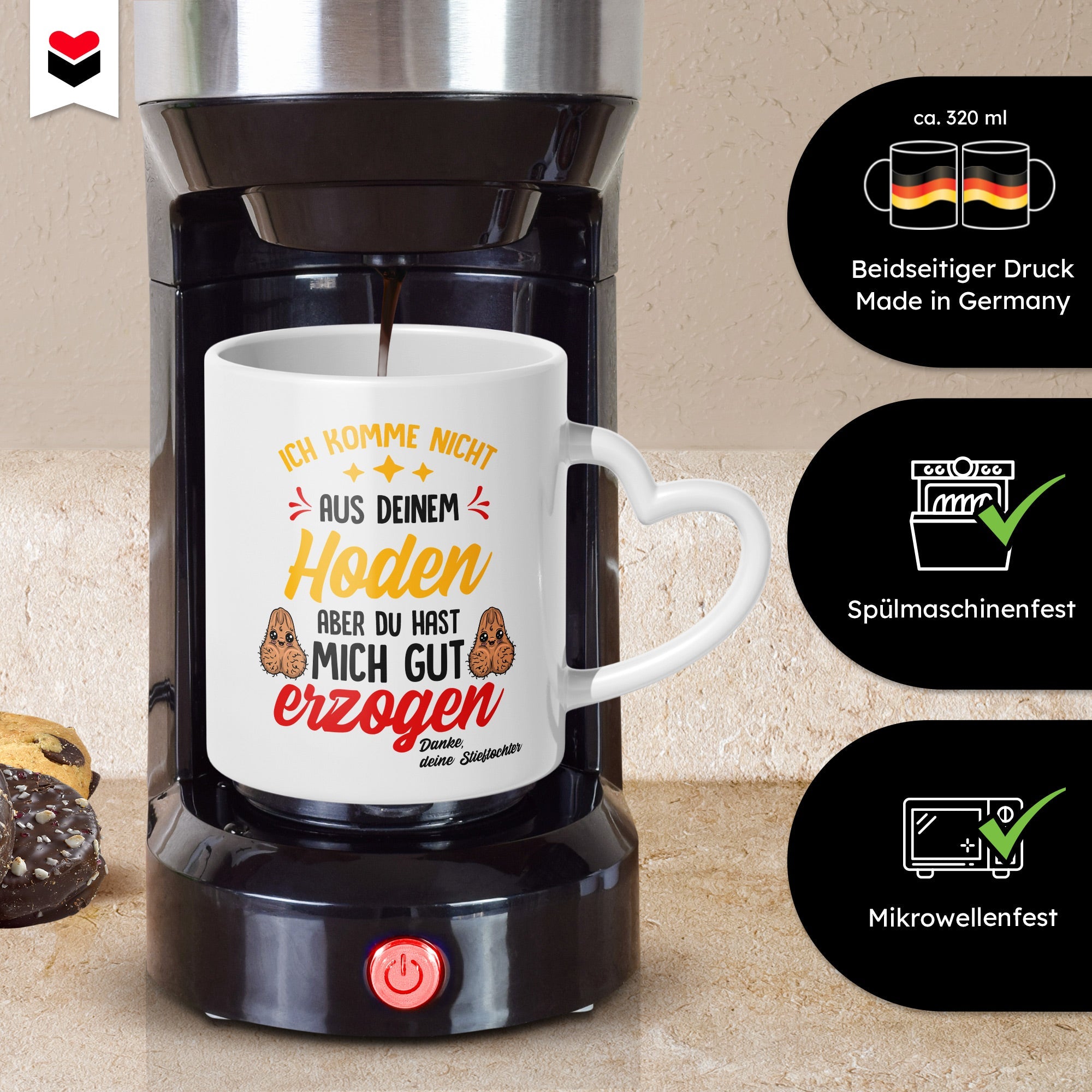 22Feels® Stiefvater Geschenk von Stieftochter - Tasse mit Spruch: Gut Erzogen (Herzhenkel, Weiss, 320ml)-Tasse Weiss Herzhenkel 320ml-22Feels