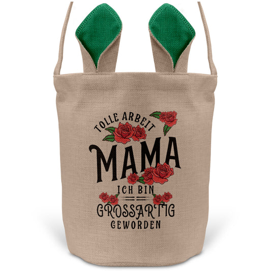 22Feels® Mama Osterkorb Mutter mit Henkel Ostergeschenk Tragetasche Ostern Deko Osternest Körbchen Hasenohren (Beige/Grün)-Ostern Tragetasche-22Feels