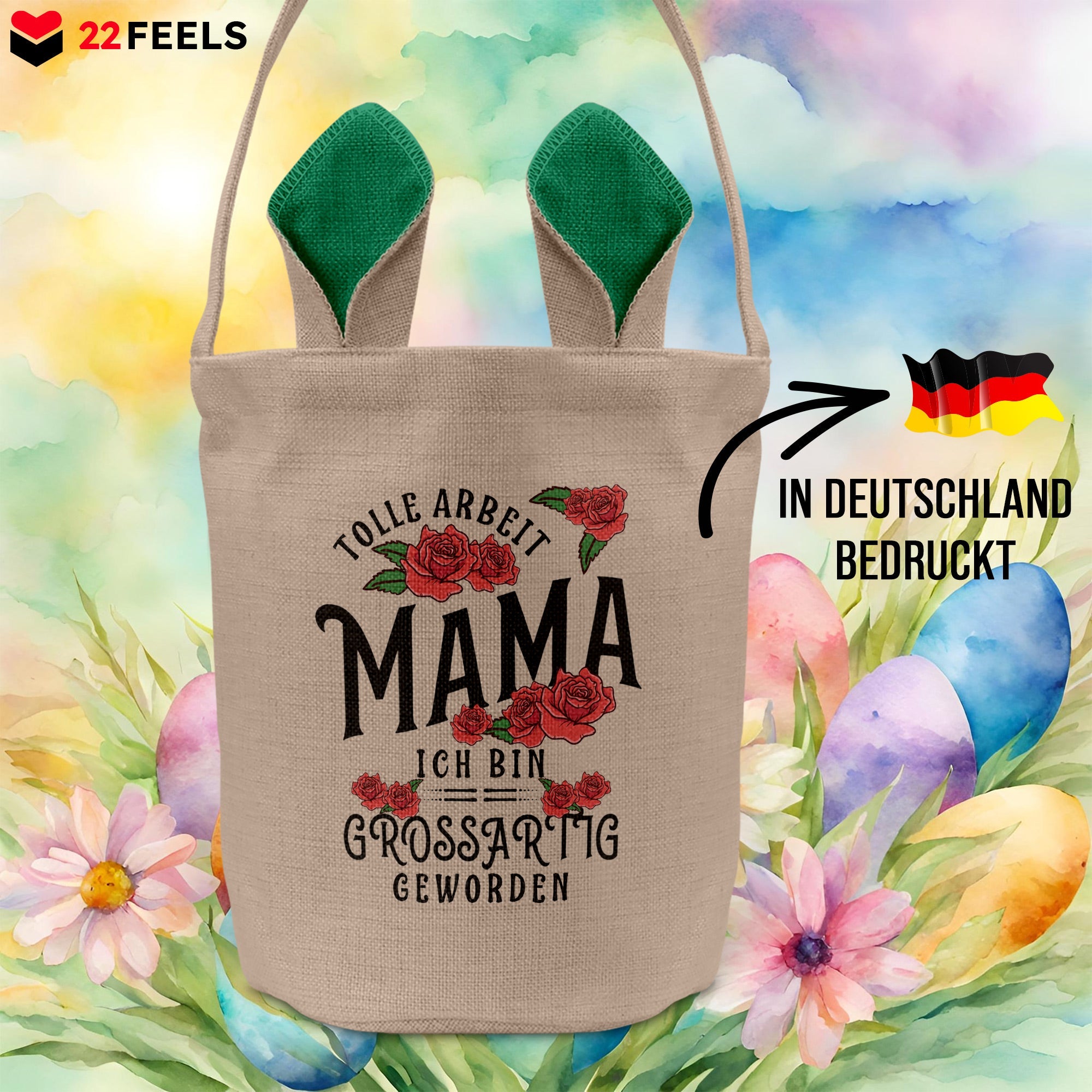 22Feels® Mama Osterkorb Mutter mit Henkel Ostergeschenk Tragetasche Ostern Deko Osternest Körbchen Hasenohren (Beige/Grün)-Ostern Tragetasche-22Feels