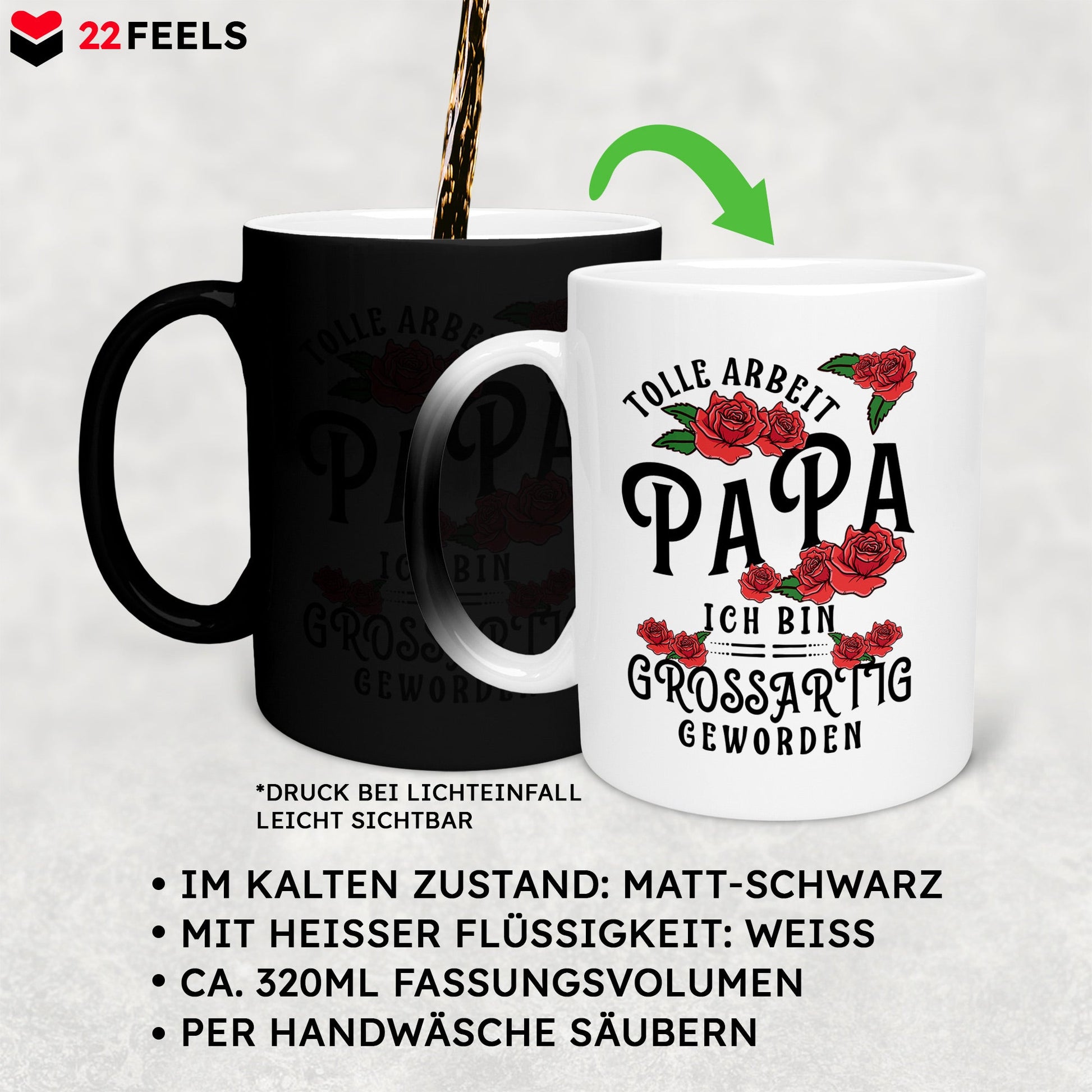 22Feels® Papa Geschenk - Zaubertasse mit Spruch (Matt-Schwarz und Weiss, 320ml)-Farbwechsel Tasse Matt 320ml-22Feels