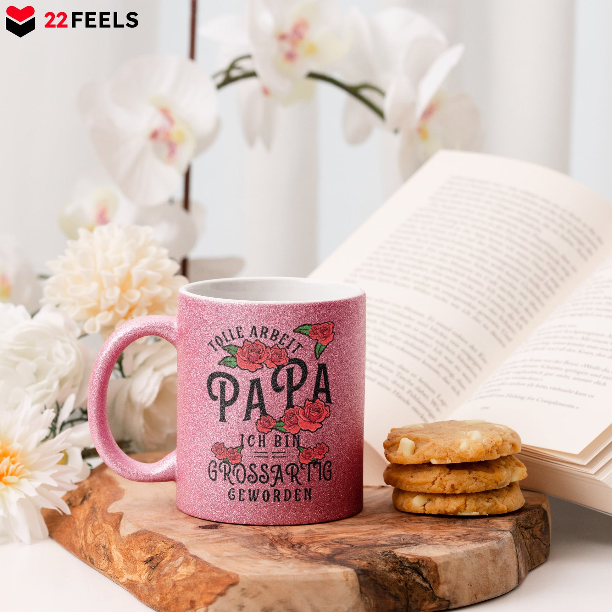 22Feels® Papa Geschenk - Glitzertasse mit Spruch (Pink, 320ml)-Glitzertasse Pink 320ml-22Feels