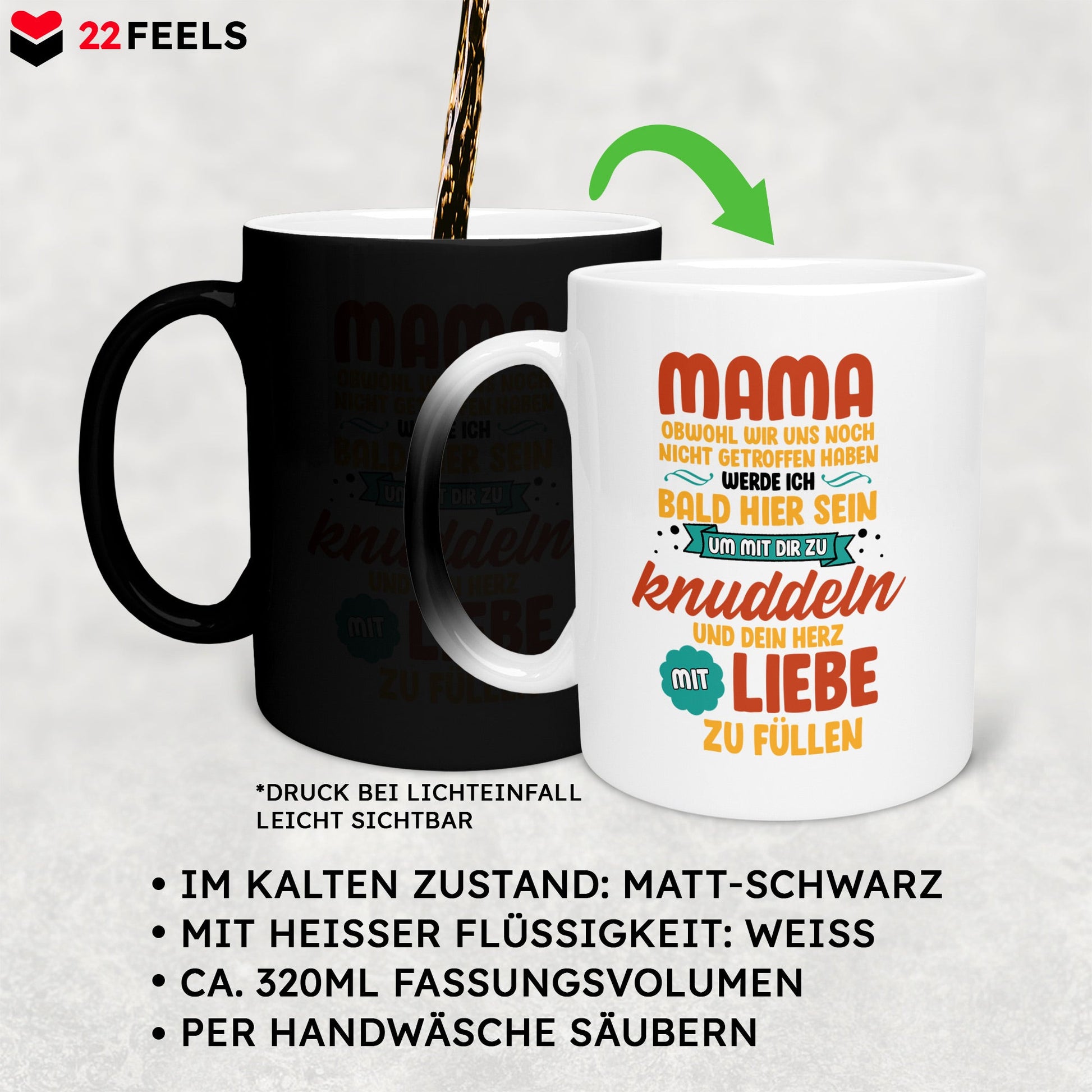 22Feels® Schwangerschaftsgeschenk Werdende Mama - Zaubertasse mit Spruch (Matt-Schwarz und Weiss, 320ml)-Farbwechsel Tasse Matt 320ml-22Feels