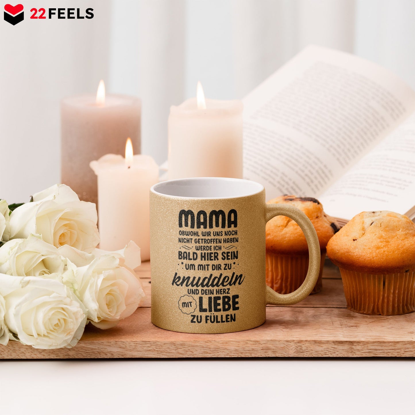 22Feels® Schwangerschaftsgeschenk Werdende Mama - Glitzertasse mit Spruch (Gold, 320ml)-Glitzertasse Gold 320ml-22Feels