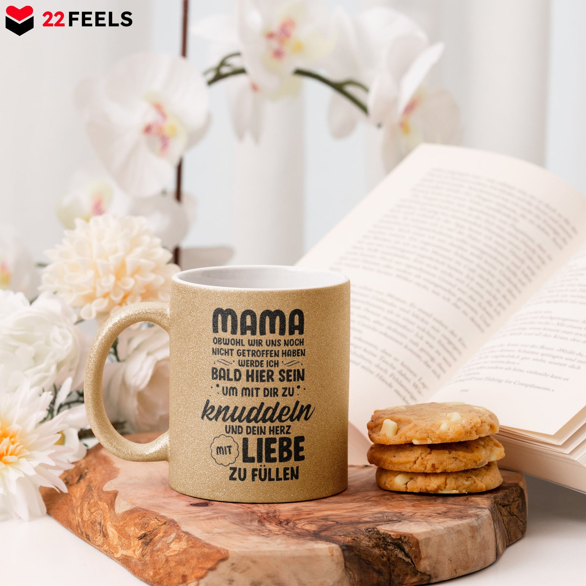 22Feels® Schwangerschaftsgeschenk Werdende Mama - Glitzertasse mit Spruch (Gold, 320ml)-Glitzertasse Gold 320ml-22Feels