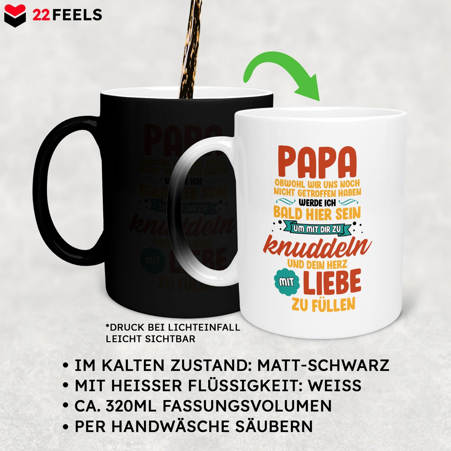 22Feels® Geschenk für Werdende Väter zur Schwangerschaft - Du Wirst Papa Zaubertasse mit Spruch (Matt-Schwarz und Weiss, 320ml)-Farbwechsel Tasse Matt 320ml-22Feels