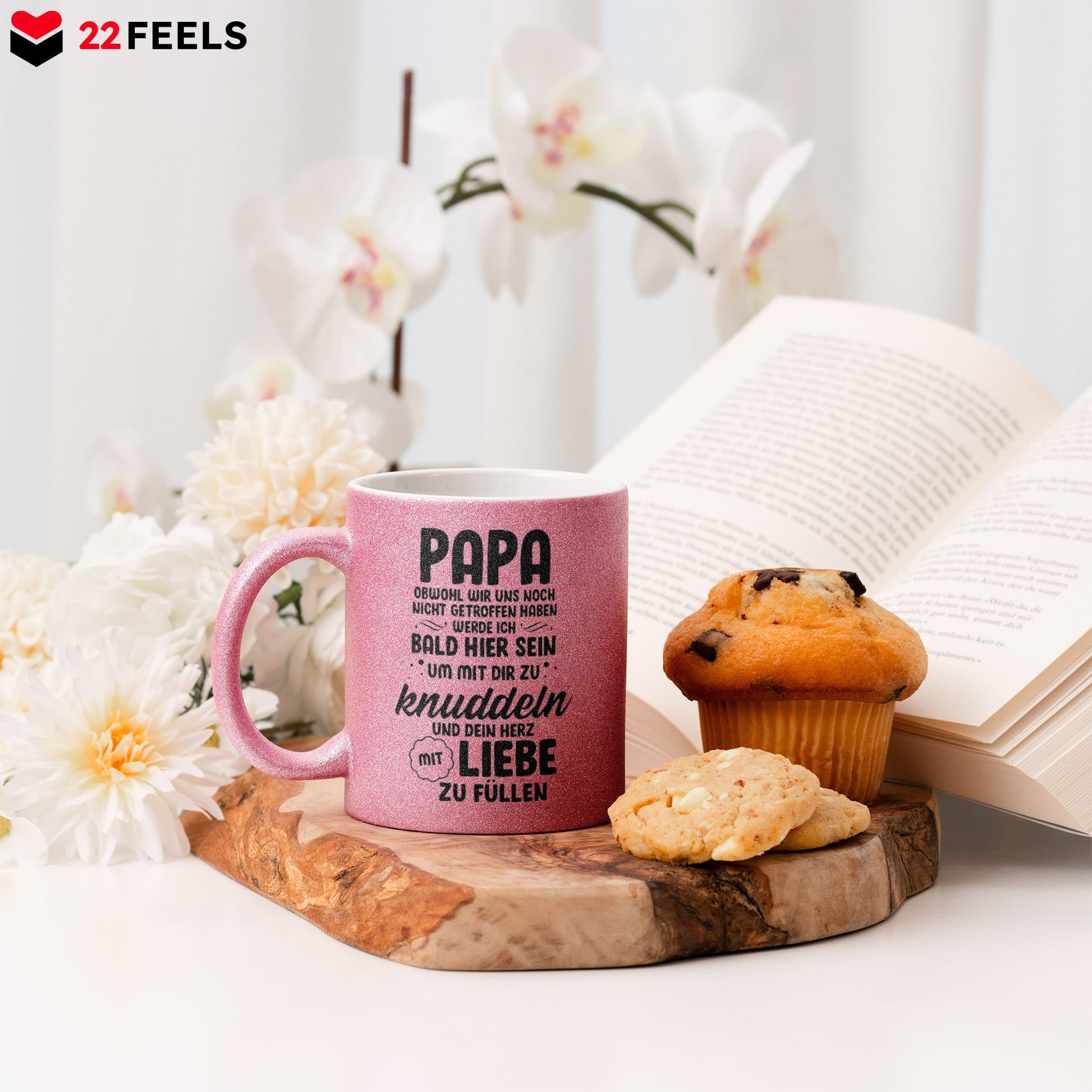 22Feels® Geschenk für Werdende Väter zur Schwangerschaft - Du Wirst Papa Glitzertasse mit Spruch (Pink, 320ml)-Glitzertasse Pink 320ml-22Feels
