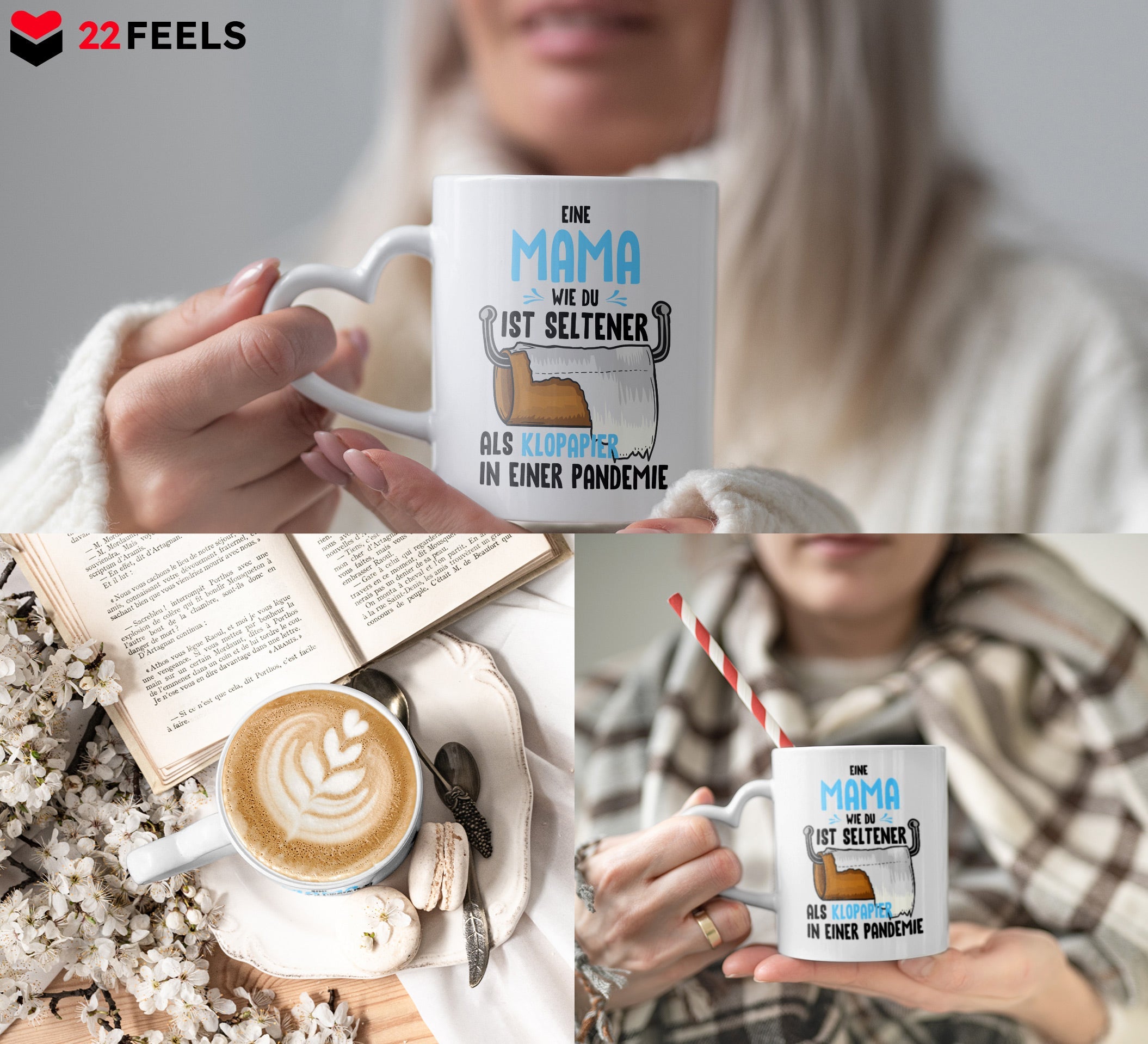22Feels® Geschenk für Mamas - Tasse mit Spruch: Seltener als Klopapier (Herzhenkel, Weiss, 320ml)-Tasse Weiss Herzhenkel 320ml-22Feels