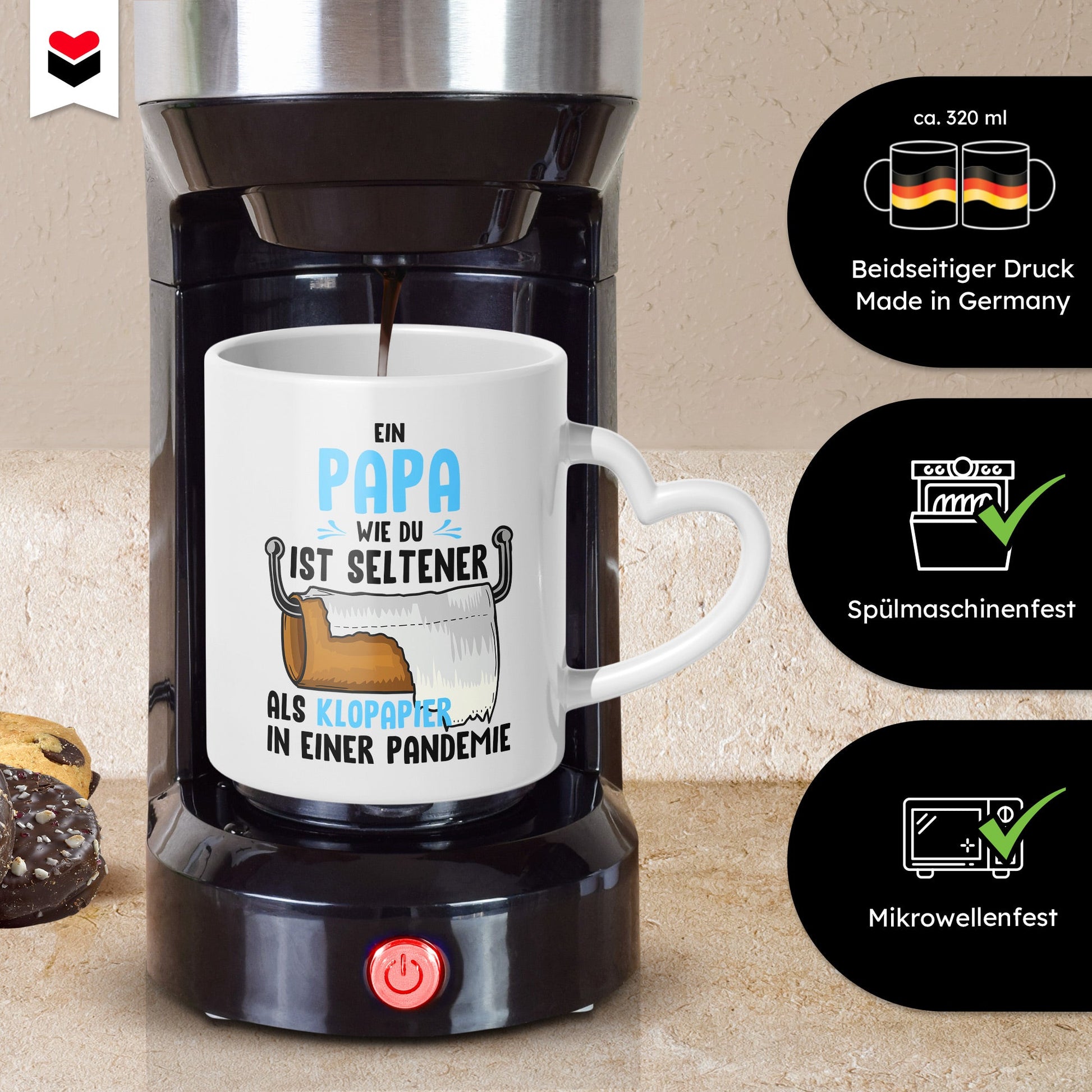22Feels® Geschenk für Papas - Tasse mit Spruch: Seltener als Klopapier (Herzhenkel, Weiss, 320ml)-Tasse Weiss Herzhenkel 320ml-22Feels
