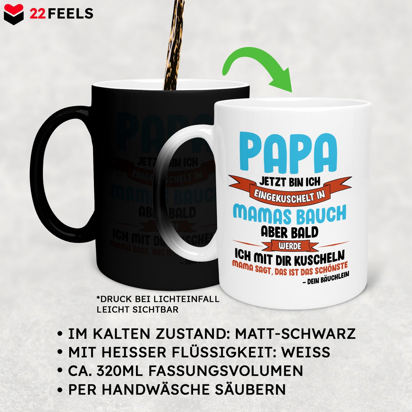 22Feels® Geschenk für Werdende Väter zur Schwangerschaft - Du Wirst Papa Zaubertasse mit Spruch (Matt-Schwarz und Weiss, 320ml)-Farbwechsel Tasse Matt 320ml-22Feels
