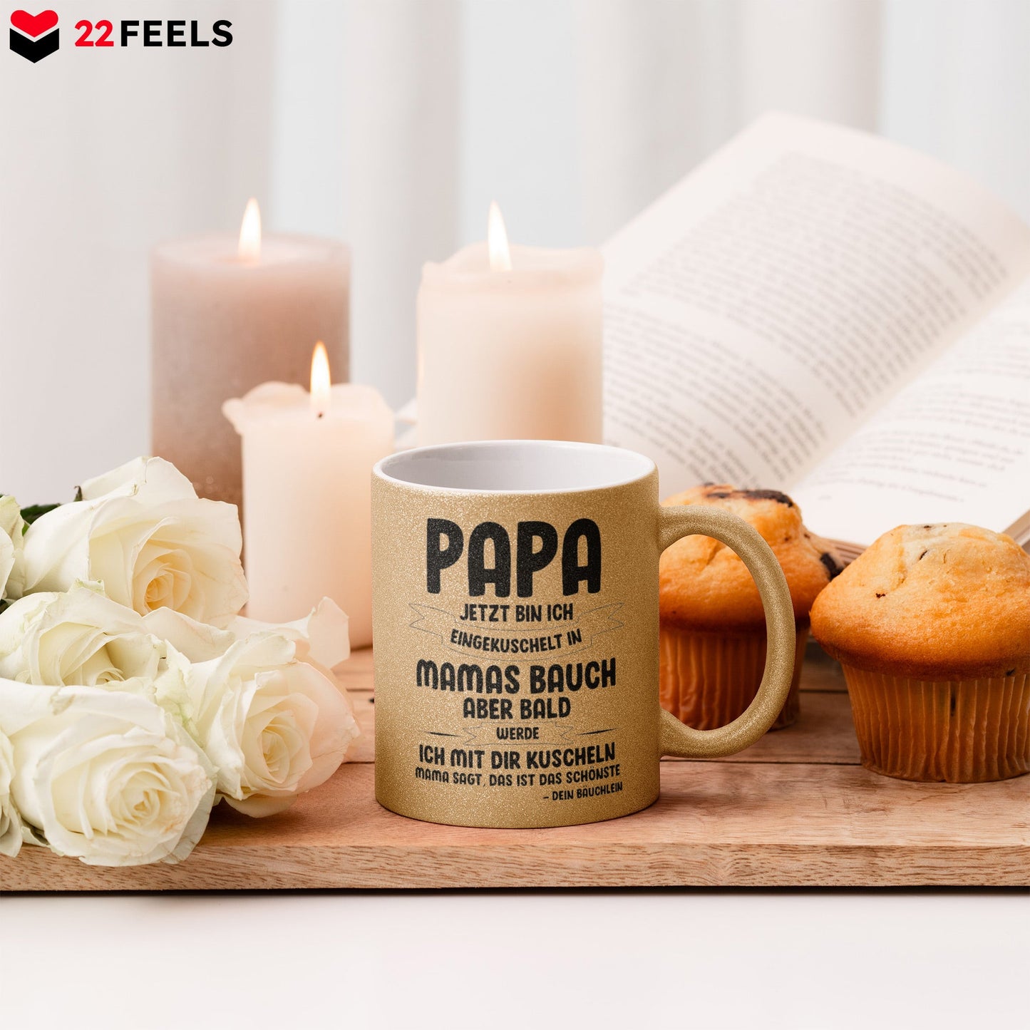 22Feels® Geschenk für Werdende Väter zur Schwangerschaft - Du Wirst Papa Glitzertasse mit Spruch (Gold, 320ml)-Glitzertasse Gold 320ml-22Feels