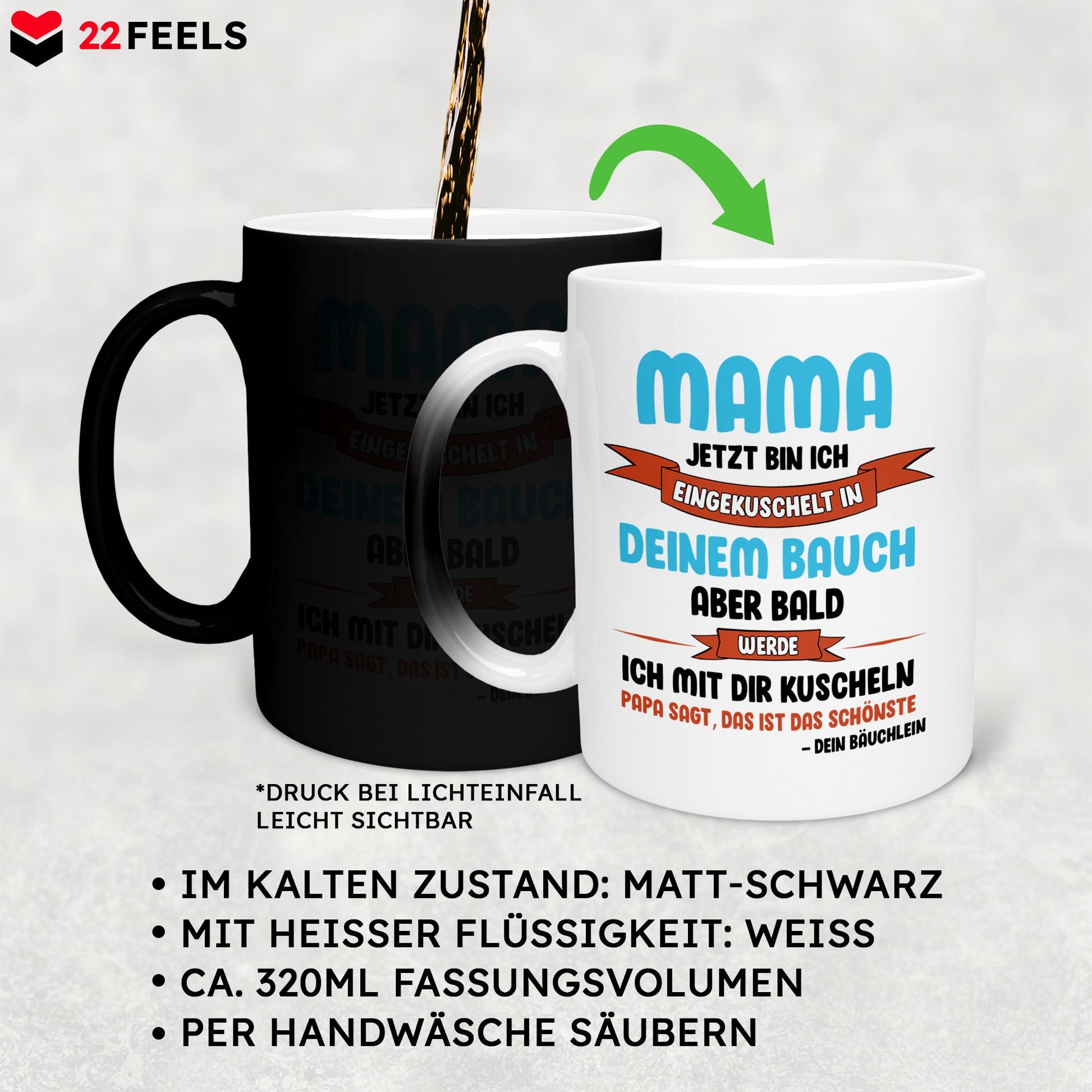 22Feels® Schwangerschaftsgeschenk Werdende Mama - Zaubertasse mit Spruch (Matt-Schwarz und Weiss, 320ml)-Farbwechsel Tasse Matt 320ml-22Feels