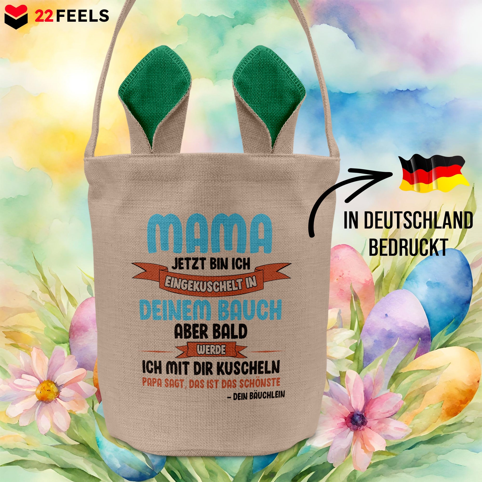 22Feels® Werdende Mama Schwangerschaft Ostern Osterkorb mit Henkel Ostergeschenk Tragetasche Ostern Deko Osternest Körbchen Hasenohren (Beige/Grün)-Ostern Tragetasche-22Feels