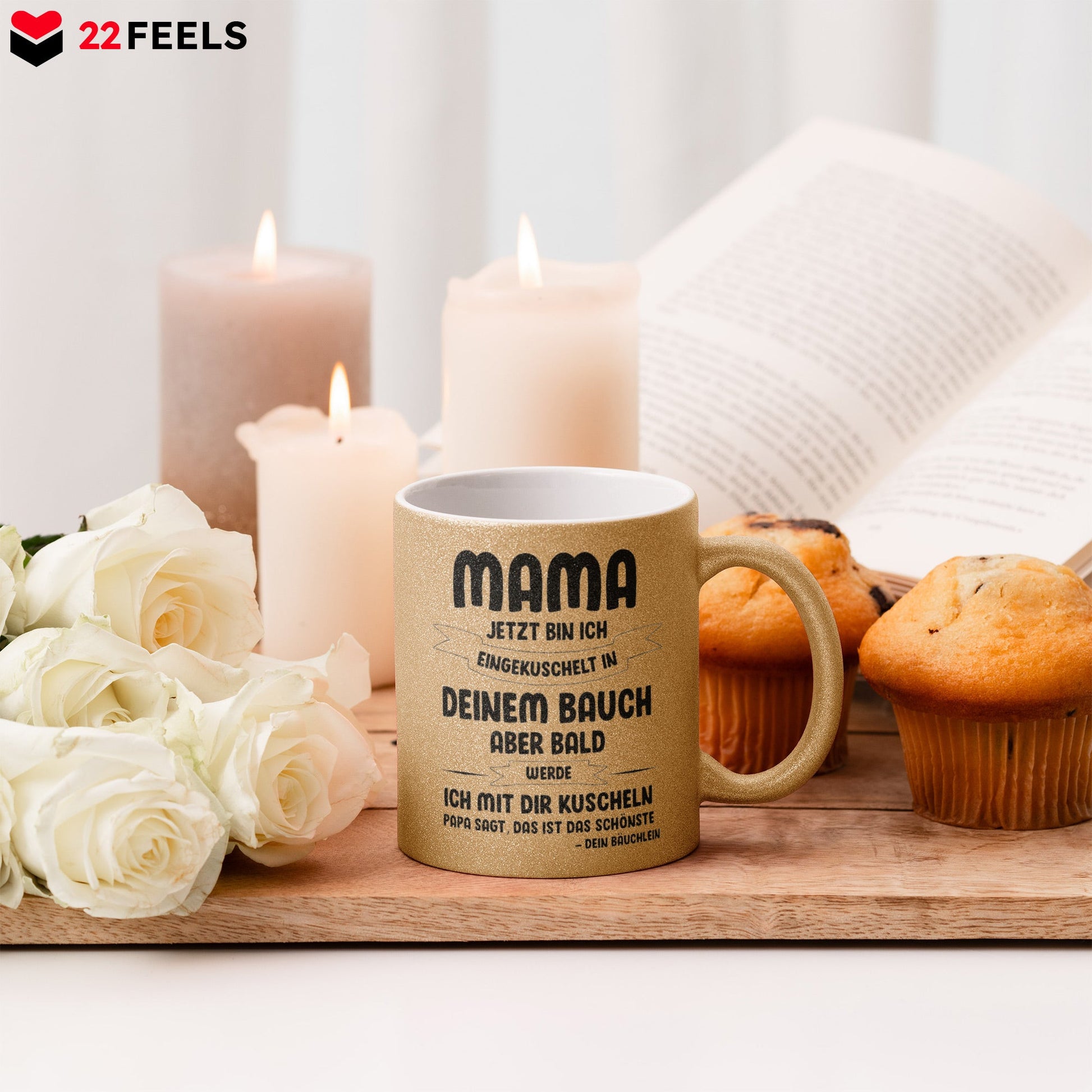 22Feels® Schwangerschaftsgeschenk Werdende Mama - Glitzertasse mit Spruch (Gold, 320ml)-Glitzertasse Gold 320ml-22Feels
