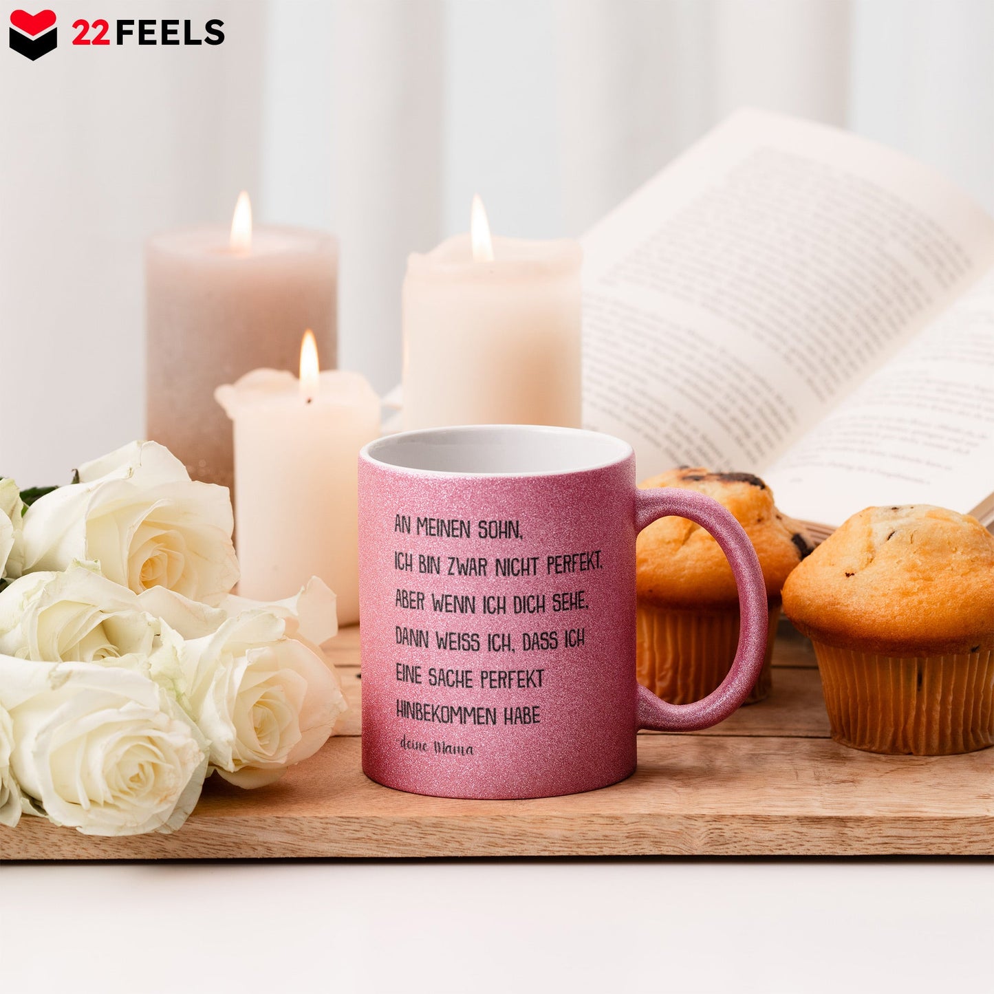22Feels® Sohn Geschenk von Mama - Glitzertasse mit Spruch (Pink, 320ml)-Glitzertasse Pink 320ml-22Feels
