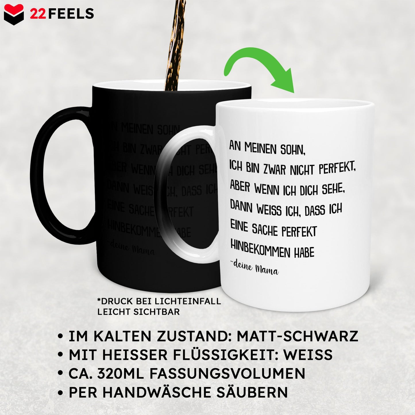 22Feels® Sohn Geschenk von Mama - Zaubertasse mit Spruch (Matt-Schwarz und Weiss, 320ml)-Farbwechsel Tasse Matt 320ml-22Feels