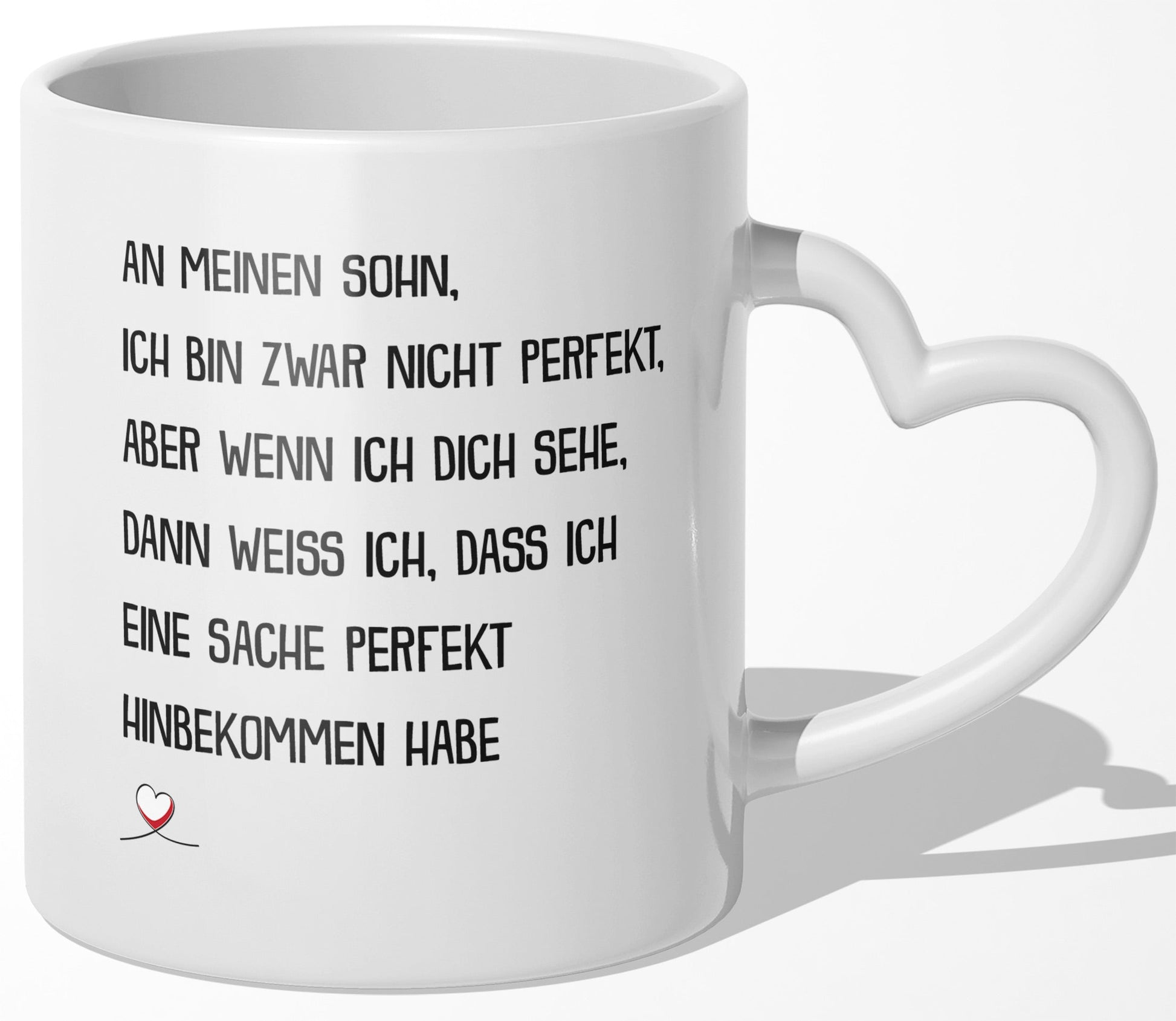 22Feels® Sohn Geschenk - Tasse mit Spruch: Ich bin zwar nicht perfekt, aber (Herzhenkel, Weiss, 320ml)-Tasse Weiss Herzhenkel 320ml-22Feels