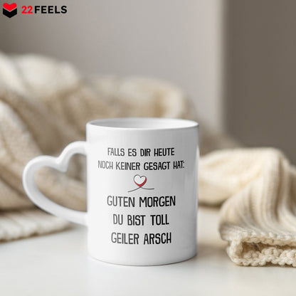22Feels® Paar Geschenk zum Jahrestag, Hochzeitstag, Valentinstag etc. - Tasse mit Spruch: Guten Morgen (Herzhenkel, Weiss, 320ml)-Tasse Weiss Herzhenkel 320ml-22Feels