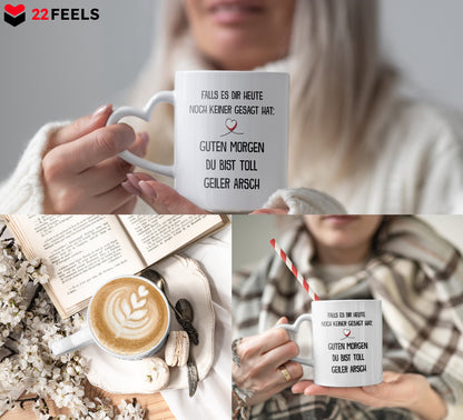 22Feels® Paar Geschenk zum Jahrestag, Hochzeitstag, Valentinstag etc. - Tasse mit Spruch: Guten Morgen (Herzhenkel, Weiss, 320ml)-Tasse Weiss Herzhenkel 320ml-22Feels