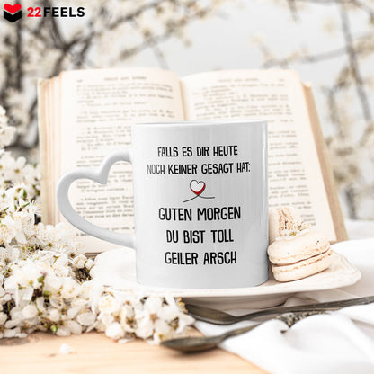 22Feels® Paar Geschenk zum Jahrestag, Hochzeitstag, Valentinstag etc. - Tasse mit Spruch: Guten Morgen (Herzhenkel, Weiss, 320ml)-Tasse Weiss Herzhenkel 320ml-22Feels