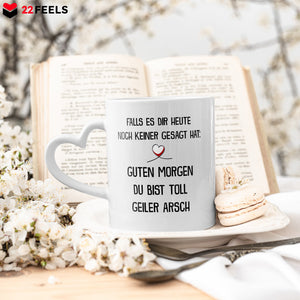 22Feels® Paar Geschenk zum Jahrestag, Hochzeitstag, Valentinstag etc. - Tasse mit Spruch: Guten Morgen (Herzhenkel, Weiss, 320ml)-Tasse Weiss Herzhenkel 320ml-22Feels