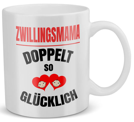 22Feels® Geschenk für Zwillingsmütter - Tasse mit Spruch: Doppelt So Glücklich (Weiss, 320ml)-Weisse Tasse 320ml-22Feels