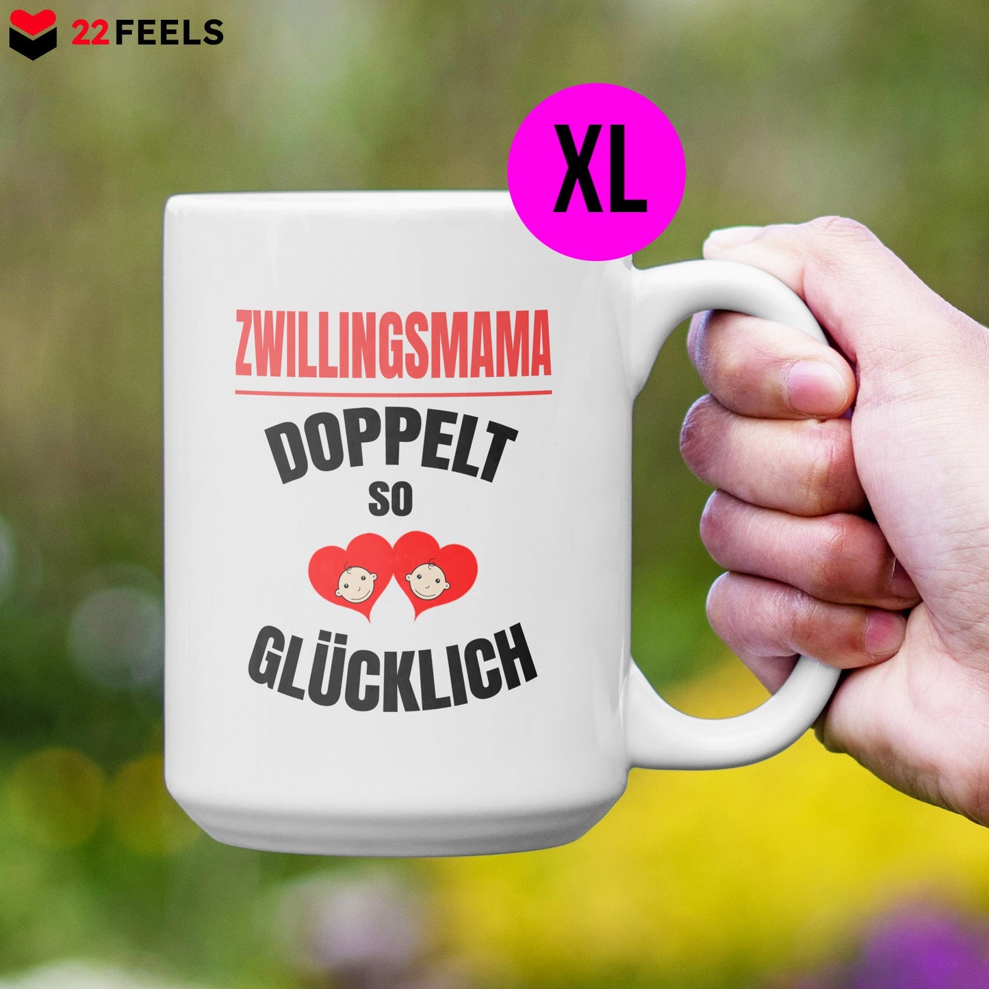 22Feels® Geschenk für Zwillingsmütter - XL Tasse mit Spruch: Doppelt So Glücklich (Weiss, 440ml)-Weisse XL Tasse 440ml-22Feels