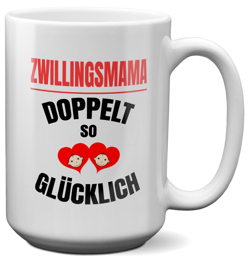 22Feels® Geschenk für Zwillingsmütter - XL Tasse mit Spruch: Doppelt So Glücklich (Weiss, 440ml)-Weisse XL Tasse 440ml-22Feels